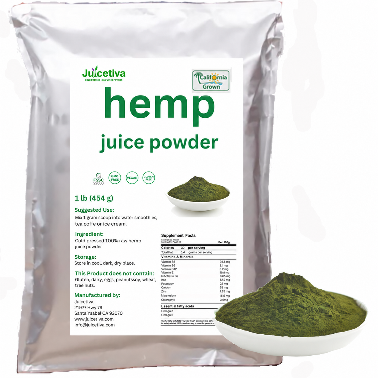 JuiceTiva bulk hemp juice powder one pound bag