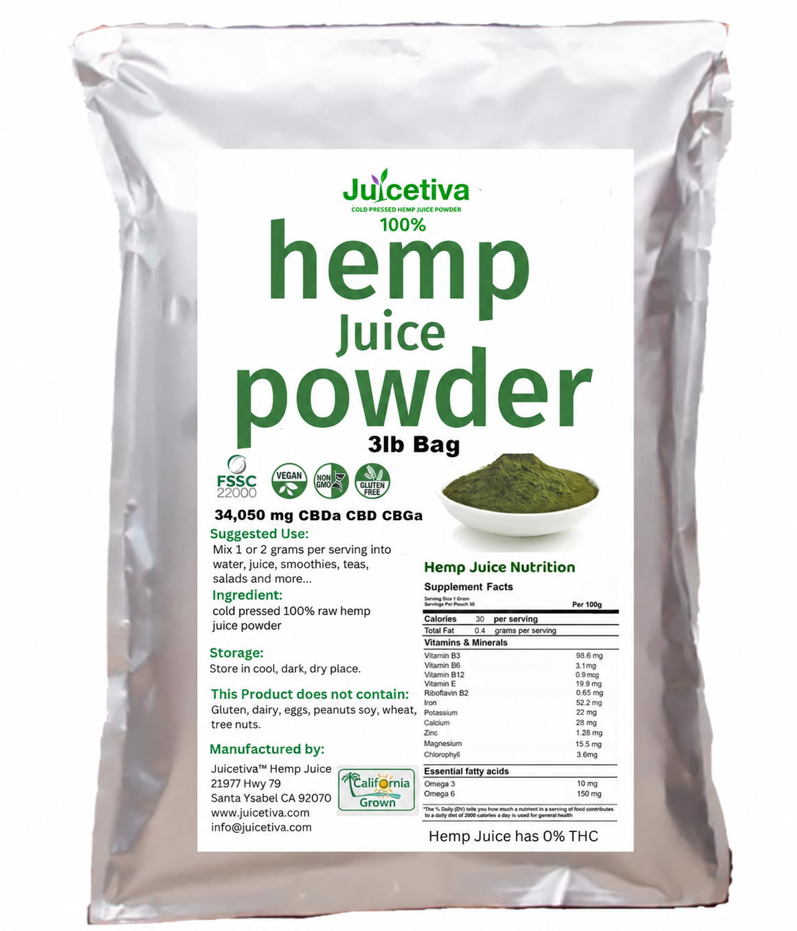 JuiceTiva bulk hemp juice powder three pound bag