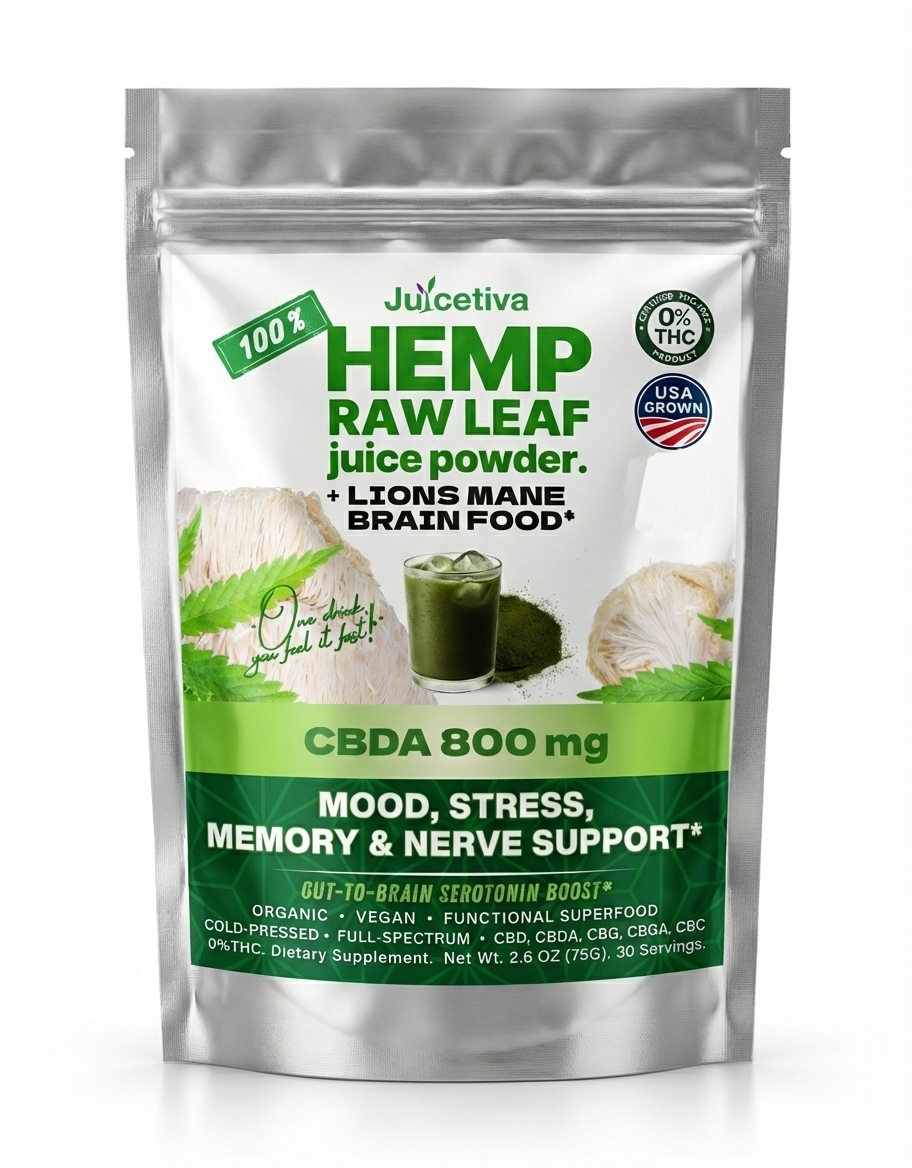 JuiceTiva hemp leaf juice powder and lion's mane blend
