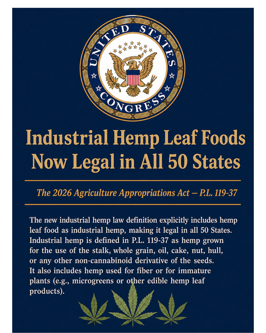 Industrial Hemp Leaf Foods Now Legal in All 50 States under the 2026 Agriculture Appropriations Act